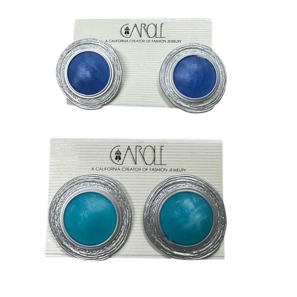 Carole Blue & Teal Silver Tone Plastic Earrings Costume Jewelry Pierced Set of 2